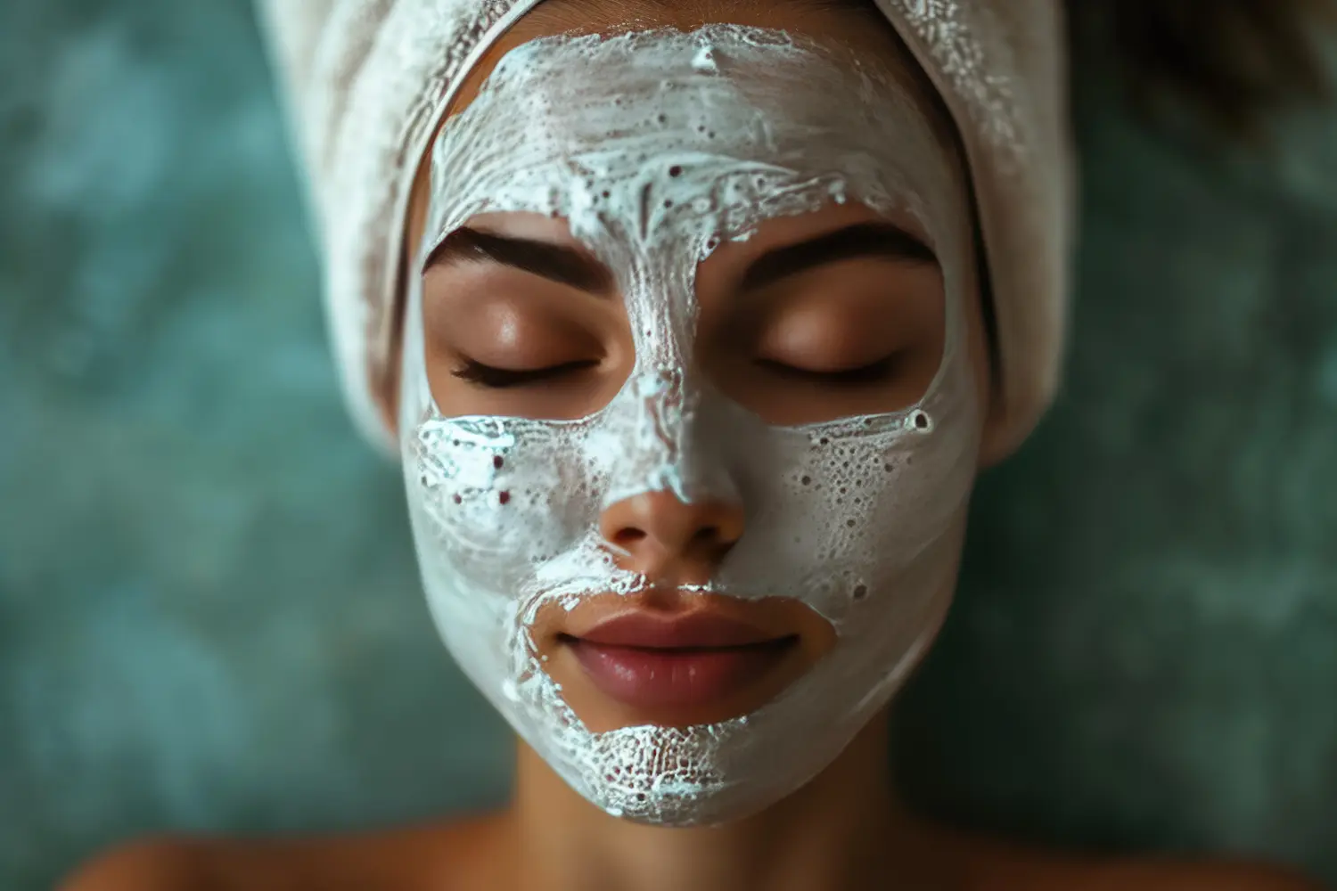 Hydratation. Creme Abstrich. Beuaty Nahaufnahme Porträt der jungen Frau mit einer gesunden leuchtenden Haut ist die Anwendung eines Hautpflegeprodukts.